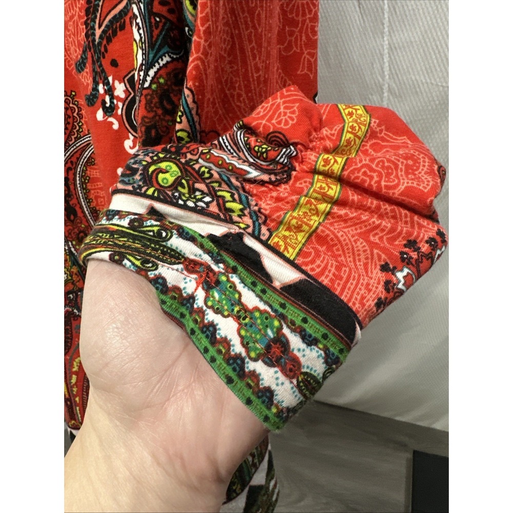 ECI Paisley Tunic Blouse Women XL Red Beaded Medallion Ruched Sleeve Excellent - Picture 6 of 7